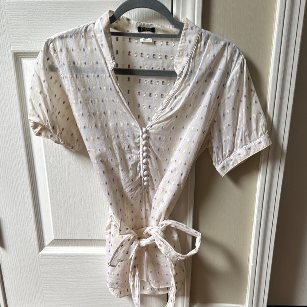 Jcrew Factory White Button-Down Blouse with Tie Waist. brown and yellow design